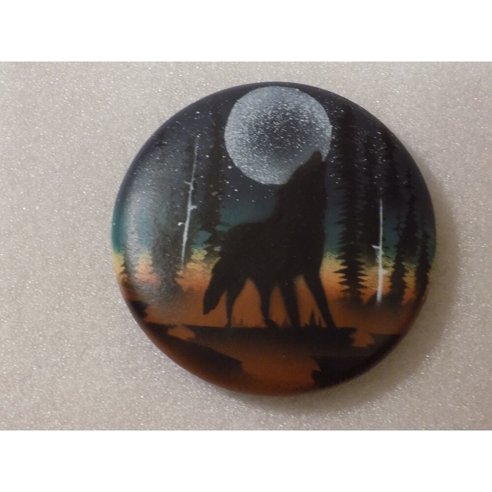 Round Ceramic Painted Moon Midnight Wolf Wilderness Art Scenery Decor